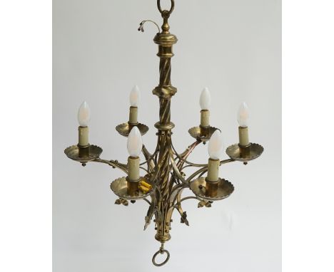 A GOTHIC REVIVAL BRASS SIX-LIGHT CHANDELIER (3)Early 20th Century78cm high x 54cm wide, together with two single light wall a