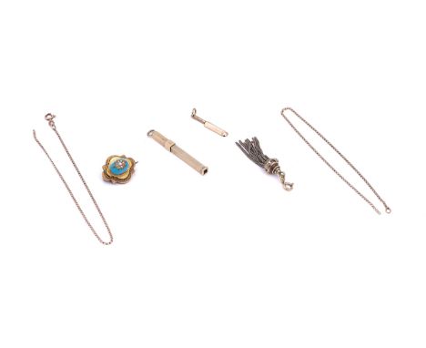 A 9CT GOLD SLIDE ACTION TOOTHPICK AND FOUR ITEMS OF JEWELLERY (5)The slide action toothpick with engine turned decoration, Bi