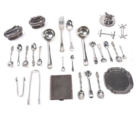 A GROUP OF SILVER, FOREIGN AND PLATED WARES (QTY)Comprising; a pair of knife rests, probably London 1818, a cigarette case wi