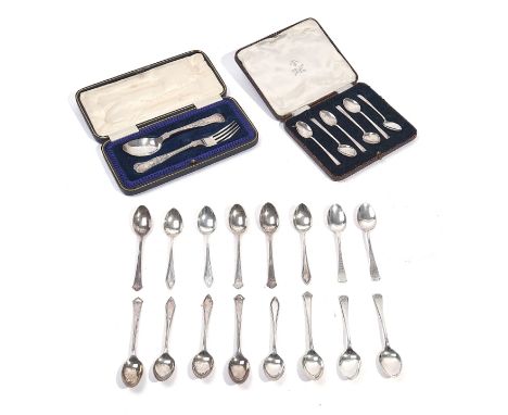A GROUP OF SILVER FLATWAREComprising; a King's pattern christening spoon and fork, Sheffield 1918 and 1919, cased, a set of s