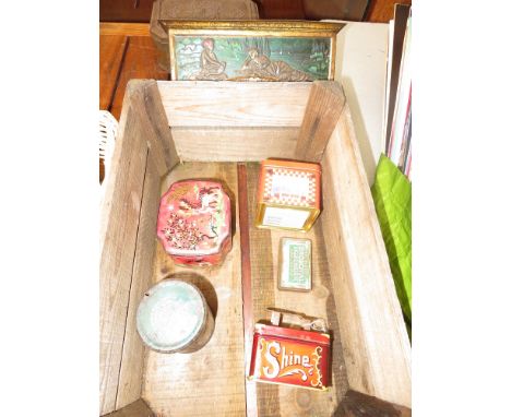 Manchester related vintage crate together with a collection of tins