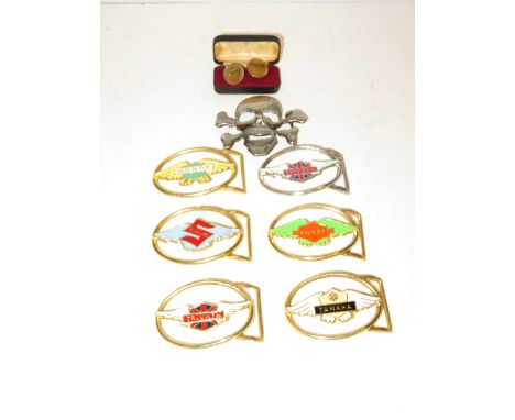 7 Belt buckles together with a pair of cufflinks 
