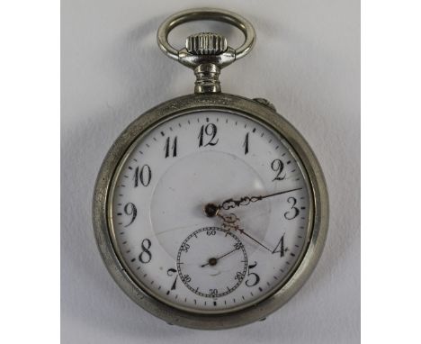 Antique White Metal Open Faced Keyless Pocket Watch, No-Magnetic White Enamel Dial, Subsidiary Dial, Gold Ornate Fingers. 