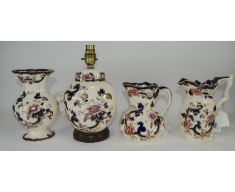 Masons Ironstone Printed and Hand Painted Items ( 4 ) In Total, Comprises 2 Jugs, Vase and Table Lamp ' Mandalay ' Pattern. J