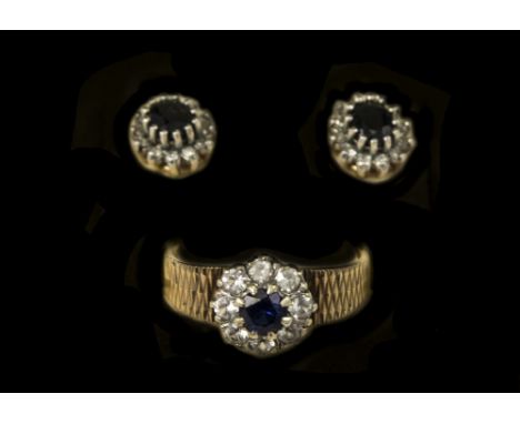 A Ladies 9ct Gold Set Sapphire and Diamond Cluster Ring with Matching Pair of 9ct Gold Set Earrings, All Pieces are Fully Hal