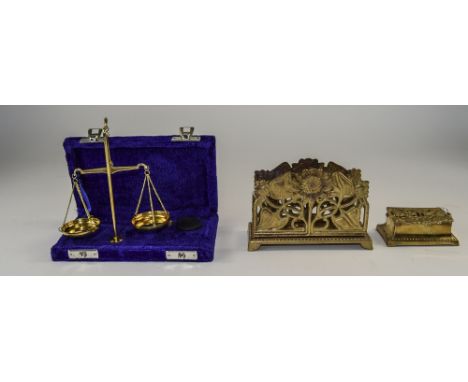Stationary Interest. 1/ A Gilded Brass Letter Rack, 3.5 x 5.25 Inches. 2/ A Gilded Brass Lidded Ornate Stamp Box. 3.25 Inches