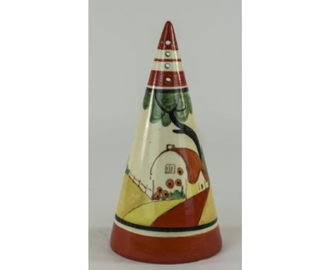 Clarice Cliff Hand Painted Conical Shaped Sugar Sifter ' Red Roofs ' Pattern, Bizarre Range. c.1931. Stands 5.75 Inches High.