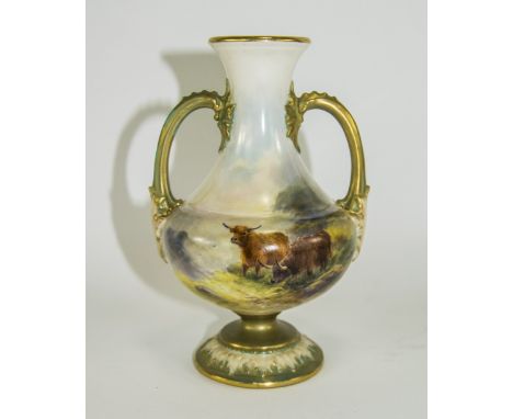 Royal Worcester Hand Painted And Signed Twin Handled Vase, ''Highland Cattle'' Signed Harry Stinton. Date 1910. Stands 5.5 in
