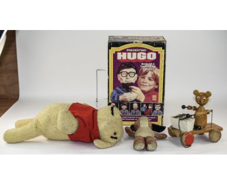 Collection Of Assorted Vintage Toys. Comprising Well Loved Sweep Teddy, Soft Teddy, Wooden Pull Along Toy, Hugo "Man Of A Tho