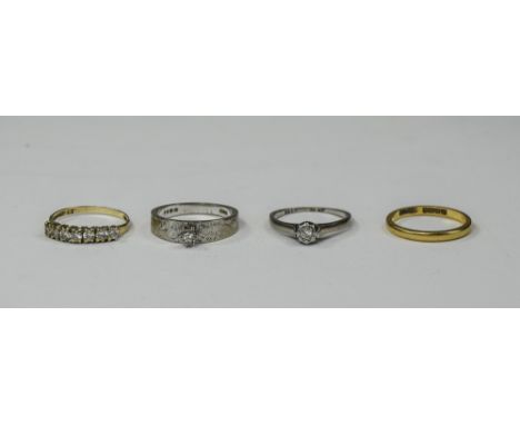 Four Gold Rings, Comprising 18ct White Gold Ring, 22ct Wedding Band, 9ct CZ Ring + 1 Other. Gross Weight 8 Grams