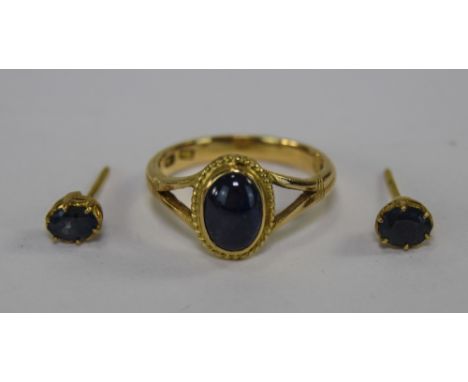 High Carat Gold Asian Ring And Earring Set Mounted With Small Cabochon Sapphires, Character Marks To Ring Shank 