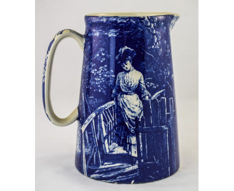 Lord Nelson Ware Late 19th Century Blue and White Pitcher by Elijah Cotton, Decorated with Images of a Young Woman Crossing a