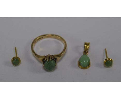 9ct Gold Ring, Pendant And Earring Set, Each Set With Jadeite Cabochon Stones, Only Ring Is Hallmarked