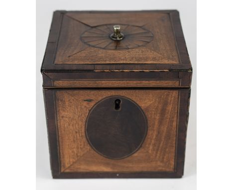 A Georgian Inlaid Tea Caddy, 5 Inches Square with Shell Inlaid Lid, Original Lock. 