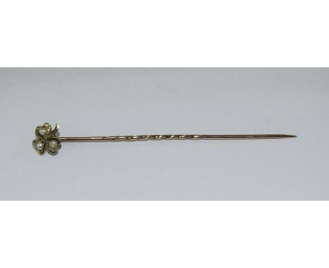 9ct Gold Stick Pin 3 Leaf Clover Set With Split Pearls, Stamped 9ct