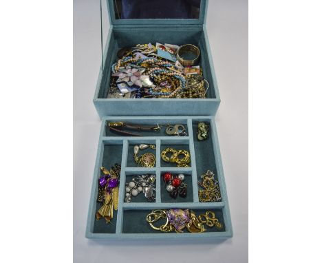 Small Collection Of Costume Jewellery In A Mirrored Jewellery Box Comprising Beads, Ring, Bangles, Brooch, Earrings, Wristwat