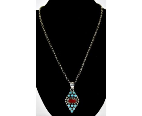 A Nice Quality Silver Marquise Shaped Turquoise Set Pendant Drop, Attached to Silver Belcher Chain. Marked 925. 20 Inches In 