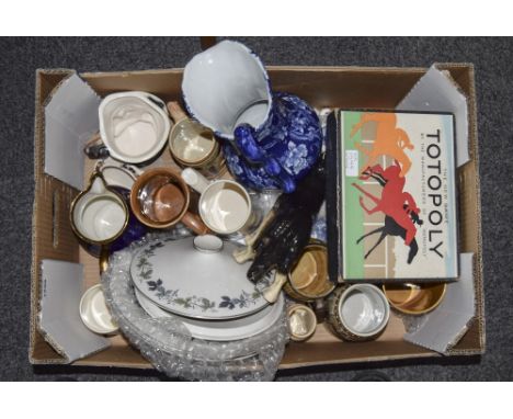 Box Of Miscellaneous Ceramics. Comprising Tankards, Ceramic Dog Figure, Jug, etc.