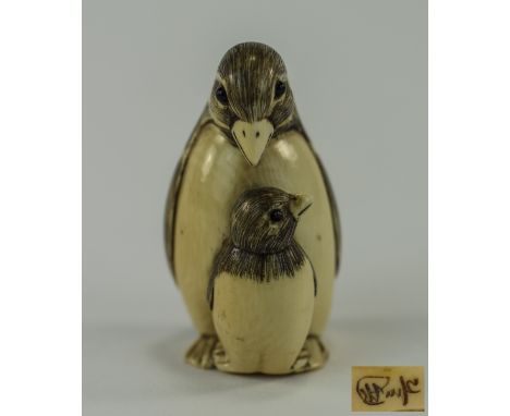 Japanese - Very Fine Carved 19th Century Signed Ivory Netsuke of a Mother Penguin and Baby. Signed to Underside. 2 Inches Hig