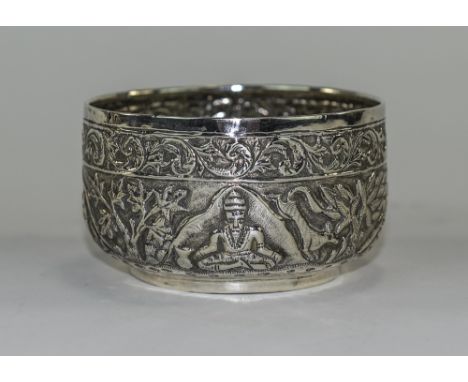 Indian Silver Hunting Bowl Peacock Mark To Base, Embossed Throughout Depicting Figures, Animals, Foliage Etc.Diameter 3.75 In
