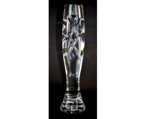 Waterford - John Rocha Signature, Tall and Elegant Cut Crystal Candlestick Holder, Criss Cross Design, with Waterford Label. 