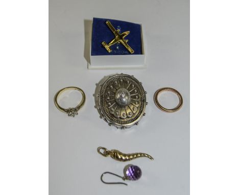 Small Mixed Lot Of Jewellery, Comprising 9ct Gold Wedding Band, 9ct Gold Dress Ring, Pendant, Victorian Brooch And An Aeropla