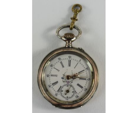 A Ladies Fine Silver Open Faced Pocket Watch with Ornate White Enamel Dial, Gold Fancy Finger, Roman Numerals, Fancy Cover, S