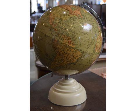Mid 20thC Terrestrial Globe Geographia London 10 Inch, Cream Perspex Base And Chrome Fitting
