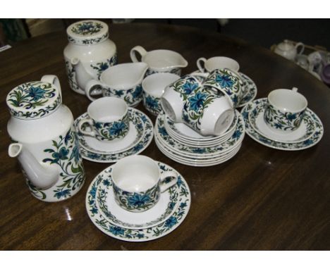 Staffordshire "Midwinter" Part Coffee Set. Comprising coffee pot, tea pot, 7 cups and 8 saucers, 9 side plates, milk jug, sug