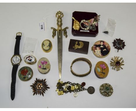 Collection Of Costume Jewellery Comprising Brooches, Ring Wristwatch, 2 Small Italian Trinket Boxes Etc. 