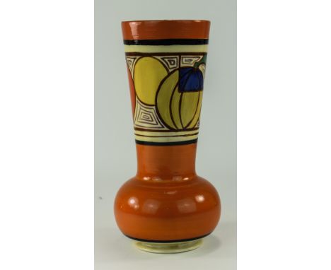 Clarice Cliff Hand Painted Vase ( Melon ) Orange Pattern - Fantasque. c.1930  Stands 9.5 Inches High, Over painting Top Rim A