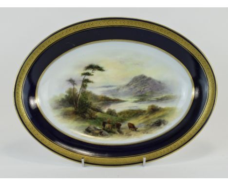 Royal Worcester Hand Painted Oval Shaped Bowl ' Highland Cattle by a River ' Signed J. Stinton. Date 1918-1920. 10.25 Inches 