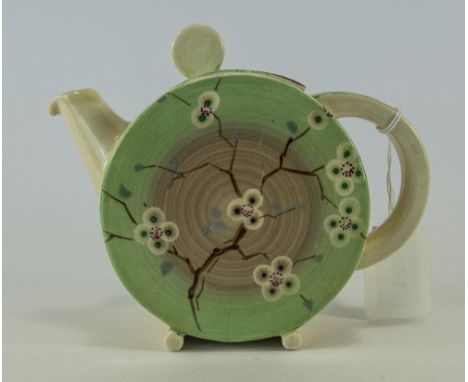Clarice Cliff Art Deco Hand Painted Bonjour Lidded Tea Pot, "May Blosson" Pattern. Circa 1936. Height 5.25 Inches.