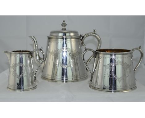 Elkington & Co Very Fine Quality Silver Plated 3 Piece Tea Service with Gilt Interiors. c.1892, with Vacant Cartouches, Scrol