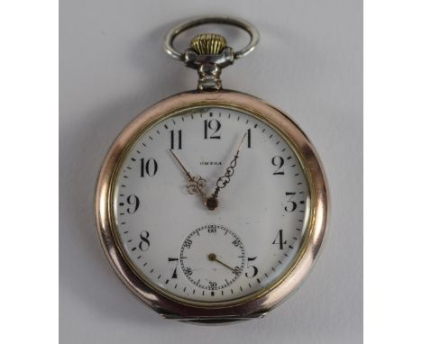 Omega Slim line - Silver and Gold Plated Open Faced Pocket Watch. c.1930's. White Porcelain Dial, 15 Jewels, Subsidiary Dial,