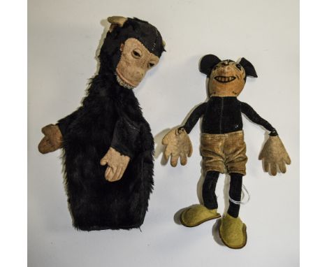 Mickey Mouse Cluth Toy Figure From The 1930's. 8.5 inches Tall. Plus a Vintage Monkey Glove Puppet, 9.5 inches High.