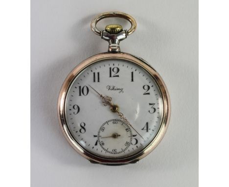 Viking - Swiss Silver and Gold Plated Antique Pocket Watch. c.1910's. Porcelain Dial, 15 Rubies, Medal Winning Movement, Orna