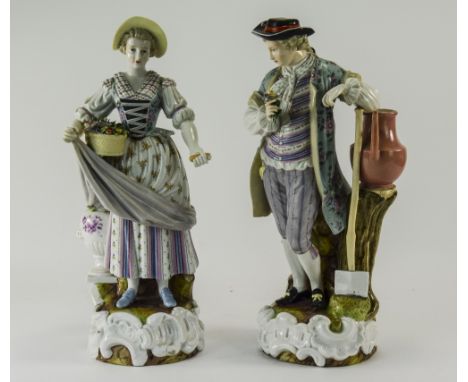 A Fine Pair of Hand Painted 19th Century Dresden Porcelain / Ceramic Figures of a Man and Woman In 18th Century Dress. Under 