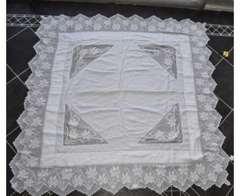 Hand Made Crocheted White Lace Bed Spread. Overall Size 68 x 68 inches. Square Panel with Crocheted Fringed Edging.