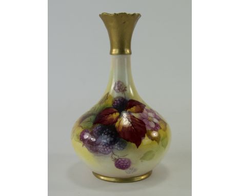 Royal Worcester Hand Painted And Signed Specimen Vase, "Blackberries" Fallen Fruits, Signed by Kitty Blake. Circa 1937. Stand