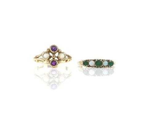 Two gem set rings, including a synthetic opal and amethyst ring, in 9 ct gold, hallmarked Birmingham 2004 and an opal and eme