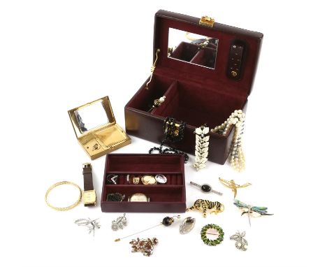  A jewellery box containing mainly costume jewellery, including an amethyst and diamond bracelet in 9 ct gold, silver necklac