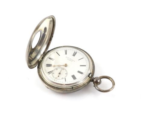 J.W. Benson silver demi hunter pocket watch, white enamel dial with Roman numerals and subsidiary seconds dial, key wind move