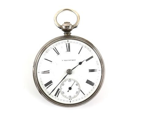 Victorian open faced silver pocket watch, enamel dial signed J. Thompson with Roman numerals, minute track and subsidiary dia