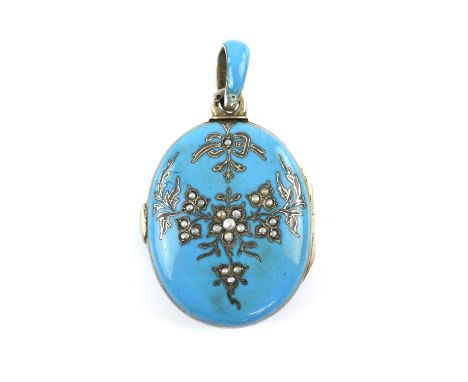 Victorian oval turquoise blue enamel locket, floral and bow motif set with seed pearls, inside double window containing black