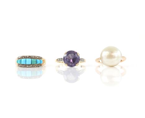 Three rings including, a turquoise diamond ring with rose cut diamond, size M, a pearl ring, measures 12.8 mm in diameter, si