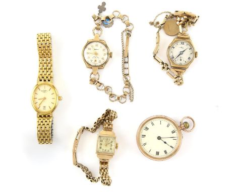 Selection of ladies watches, including a 9 ct gold cased, open faced pocket watch, J.W Benson and Gleaturn wristwatches, both