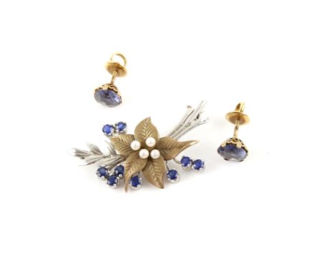 Sapphire and pearl floral brooch in 9 ct white and yellow gold, and a pair of synthetic colour change sapphire earrings with 