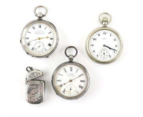 Kay Worcester silver open faced pocket watch, and another silver cased pocket watch, together with a silver vesta cased, hall