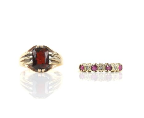 Two rings, a ruby and diamond half eternity with illusion setting in hallmarked 9 ct gold, size N, rectangular garnet ring wi